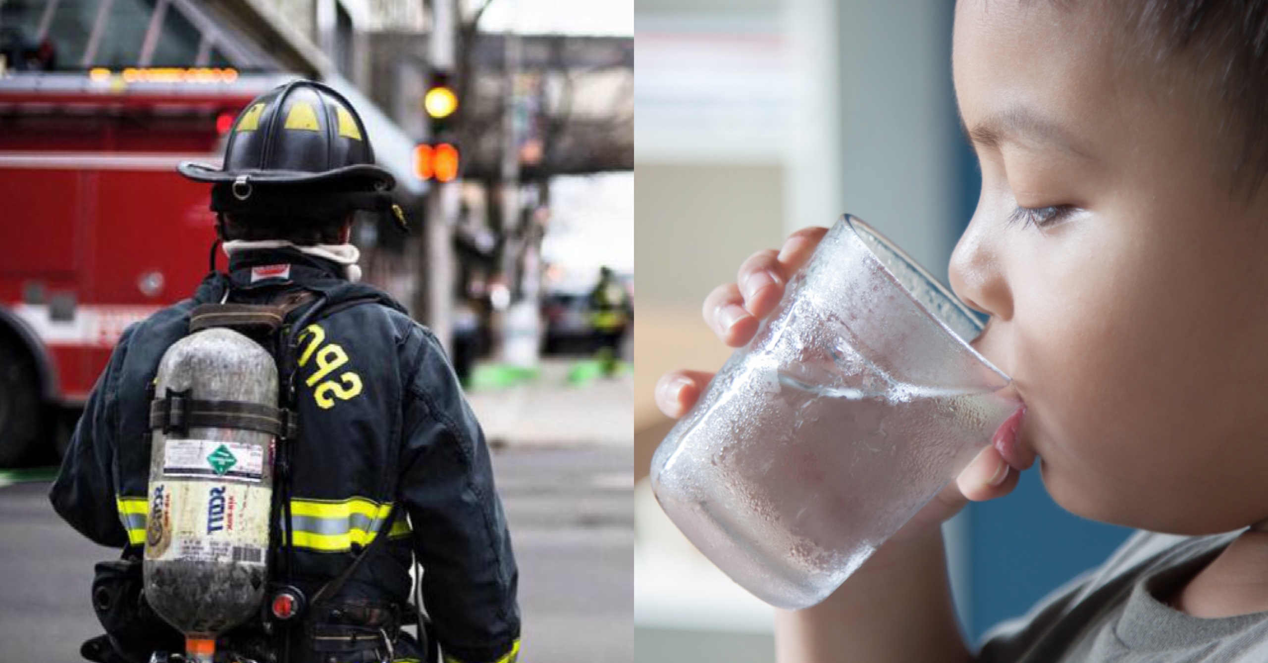 firefighter and child drinking water