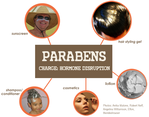 Parabens are found in sunscreen, hair styling gel, shampoo/conditioner, cosmetics, lotion and other products.