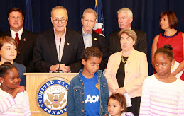 Senator Chuck Schumer was joined by Gerard Fitzgerald of Uniform Firefighters Association New York, Richard Alles, Uniform Fire Officers Association, Dr. Philip Landrigan (Director, Children's Environmental Health Center, Icahn School of Medicine at Mount Sinai), SCHF Legislative Director Liz Hitchcock and Ansje Miller (Center for Environmental Health) and New York area kids at a press conference to announce his bill.
