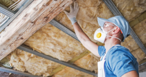 Image of a person working on roof insulation shows one example of building materials that could contain toxic chemicals