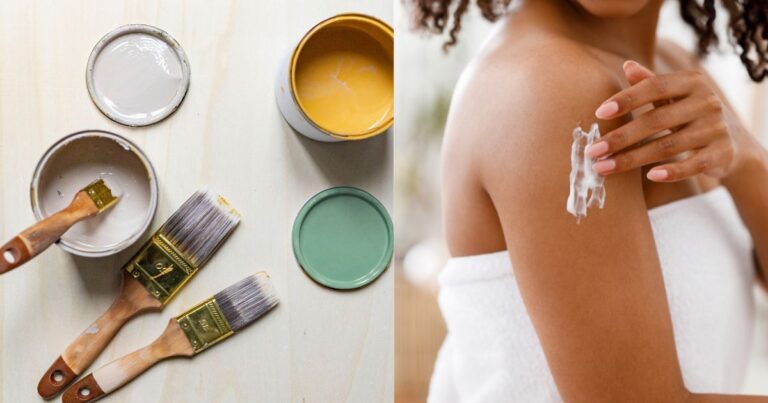 A split-screen photo showing cans of gray, yellow, and green paint on the left, and a woman wearing a towel and applying lotion on the right